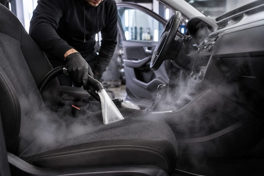 Hot water extraction cleaning a vehicle seat